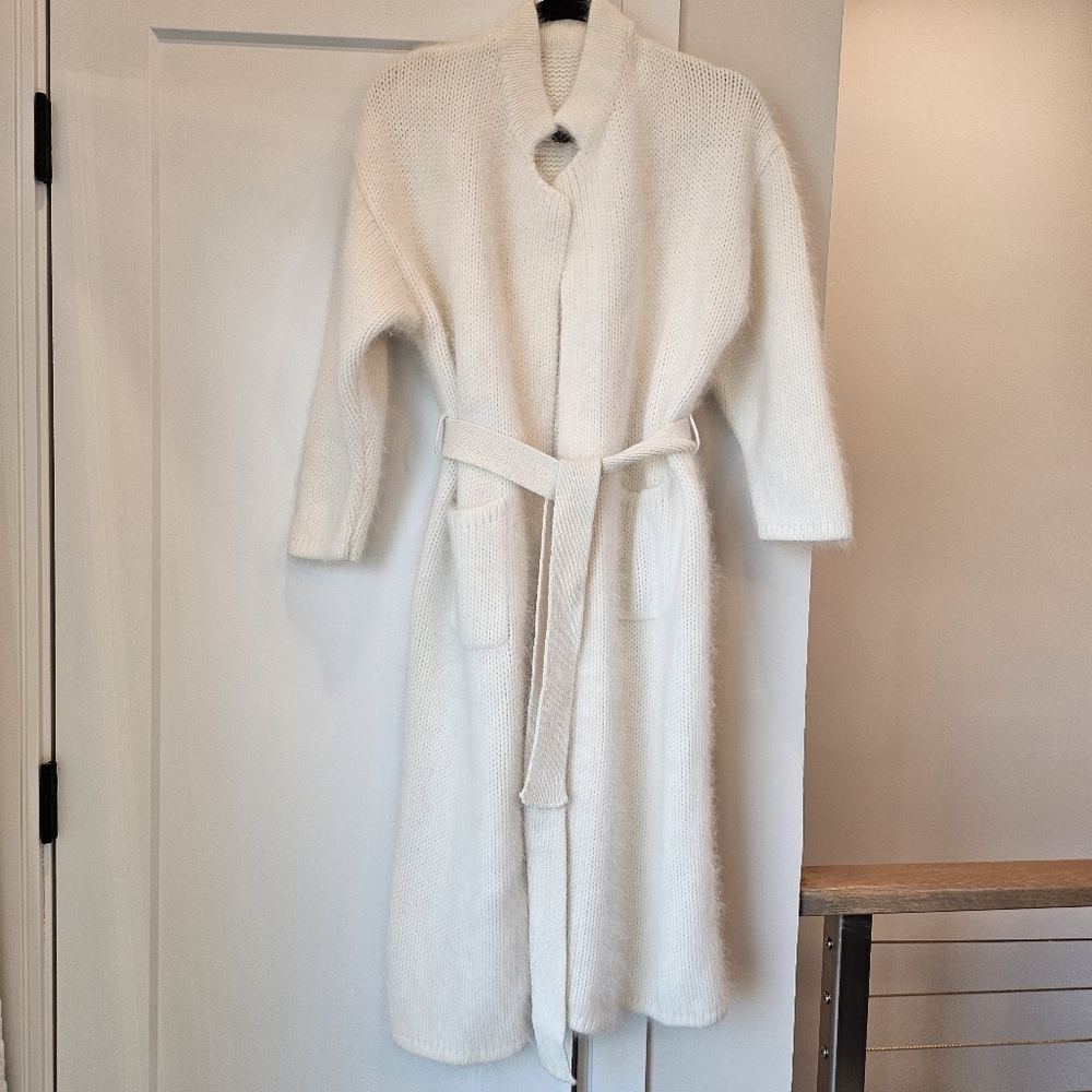 Soft and fuzzy luxe brushed real angora white Belted Cardigan